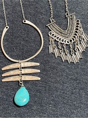 Turquoise Pendant Statement Necklace - Silver-Tone Boho Jewelry